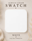 Acrylic color swatch labeled 'White' on a neutral background with text describing the color.