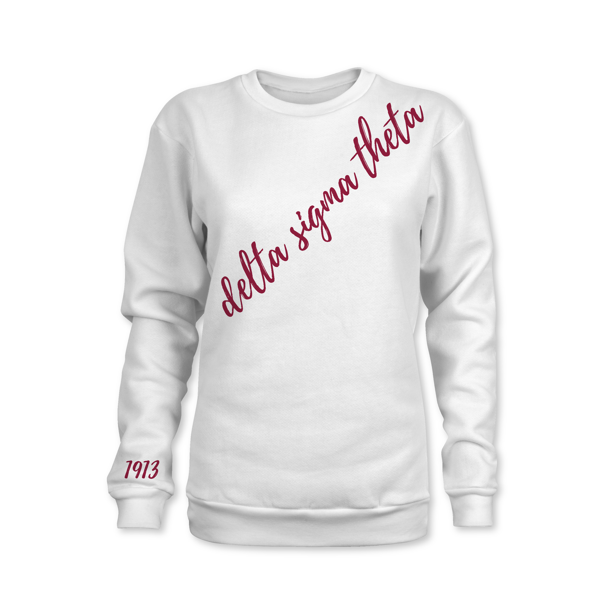 White sweatshirt with 'delta sigma theta' text in red on a white background