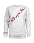 White sweatshirt with 'delta sigma theta' text in red on a white background