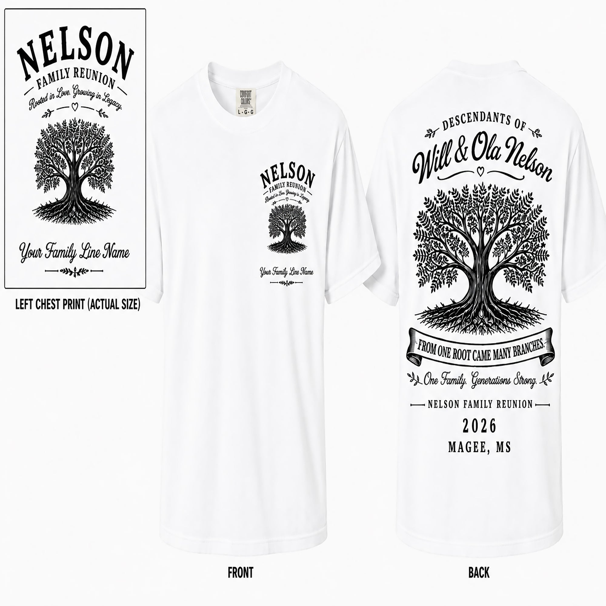 White Nelson family reunion T-shirt with tree graphic on front and back text