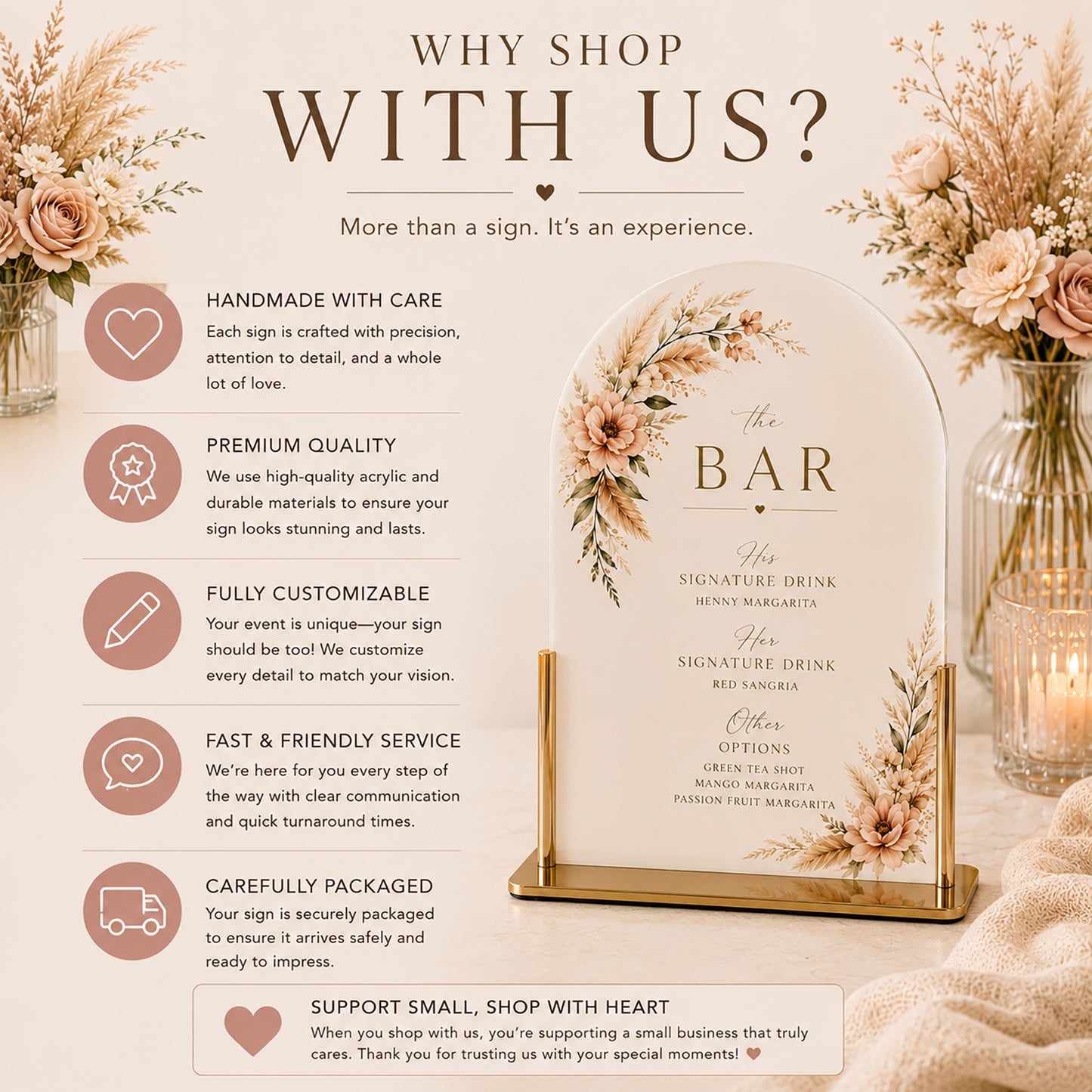 Promotional sign for a wedding or event decor service with floral design and customizable options.