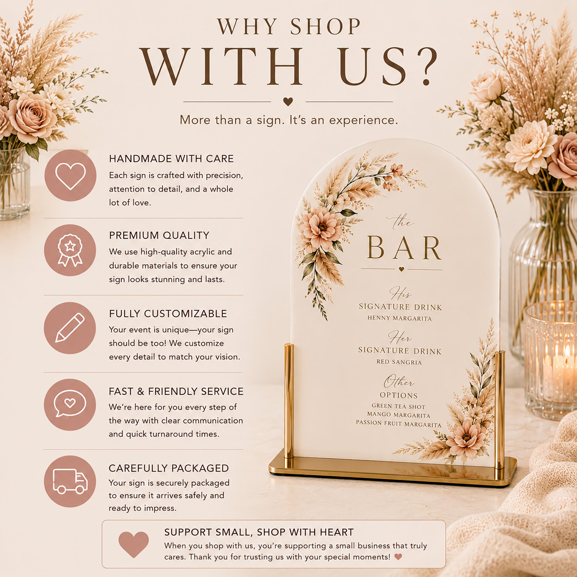 Promotional sign for a wedding or event decor service with floral design and customizable options.