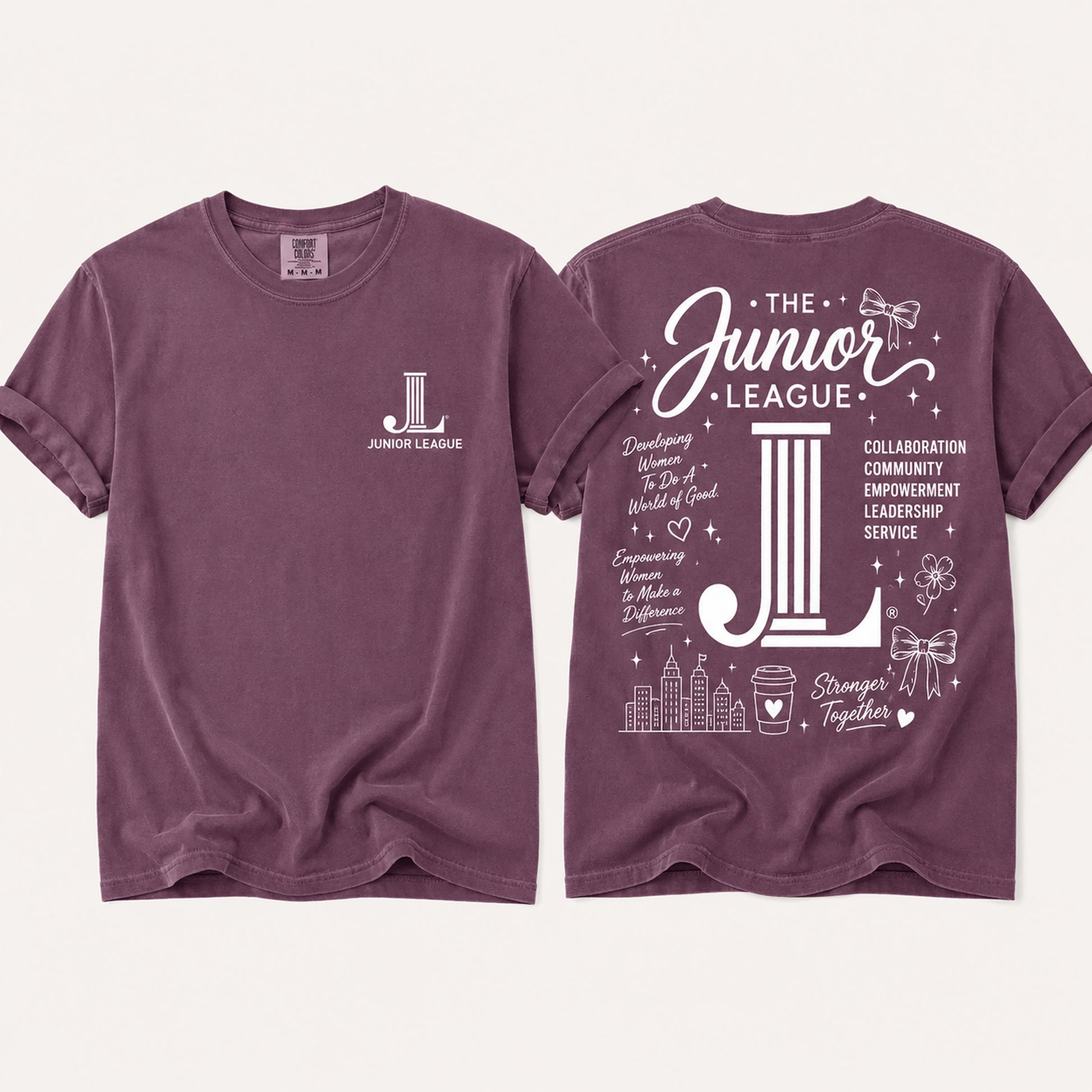 Junior League Women Who Build Comfort Colors 1717 t-shirt in Berry featuring a white front chest logo and oversized empowerment graphic on the back