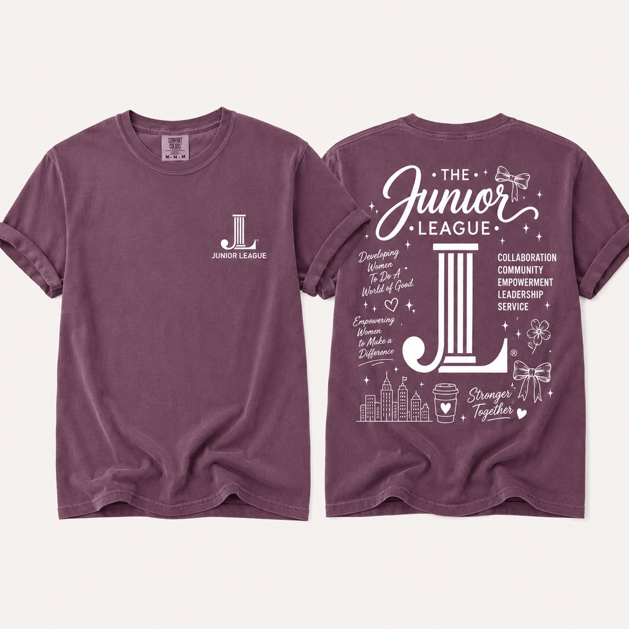 Junior League Women Who Build Comfort Colors 1717 t-shirt in Berry featuring a white front chest logo and oversized empowerment graphic on the back