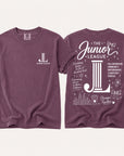 Junior League Women Who Build Comfort Colors 1717 t-shirt in Berry featuring a white front chest logo and oversized empowerment graphic on the back