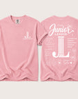 Junior League Women Who Build Comfort Colors 1717 t-shirt in Blossom featuring a white front chest logo and oversized empowerment graphic on the back
