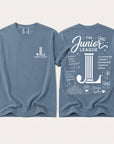 Junior League Women Who Build Comfort Colors 1717 t-shirt in Blue Jean featuring a white front chest logo and oversized empowerment graphic on the back