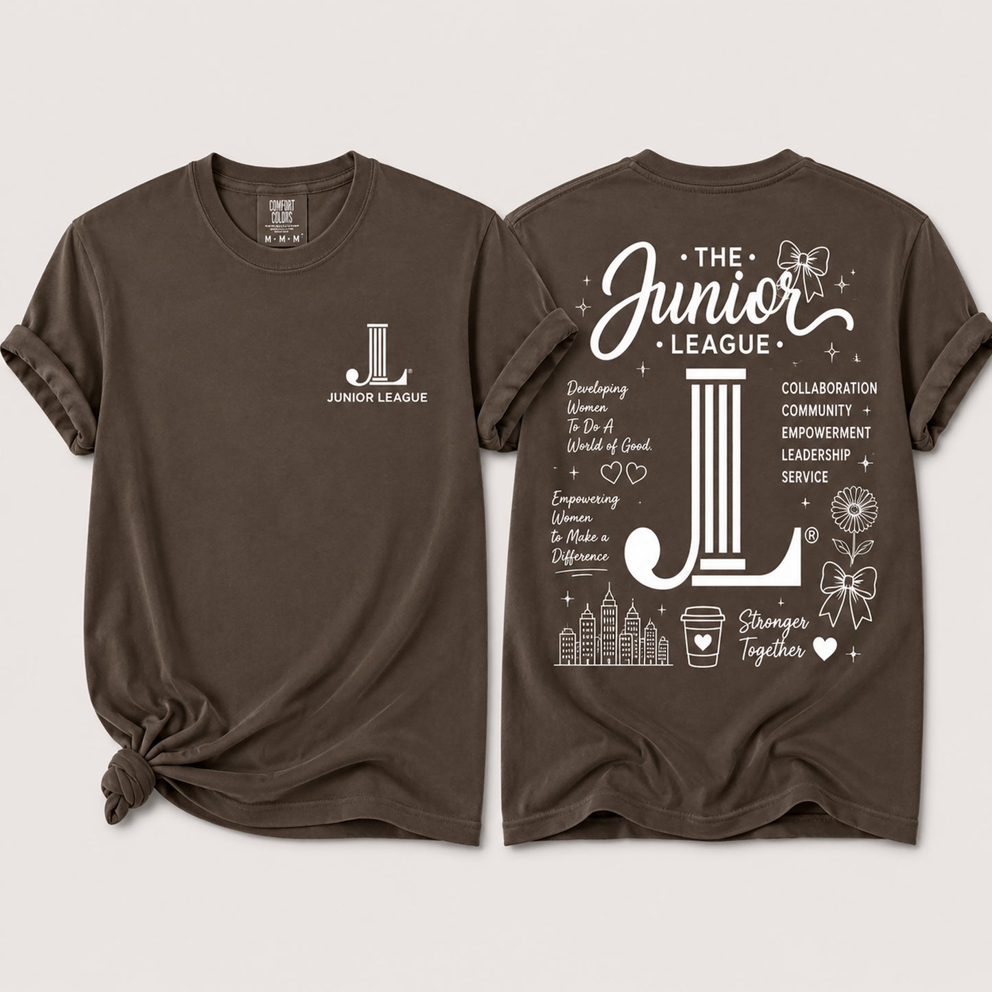 Junior League Women Who Build Comfort Colors 1717 t-shirt in Espresso featuring a white front chest logo and oversized empowerment graphic on the back