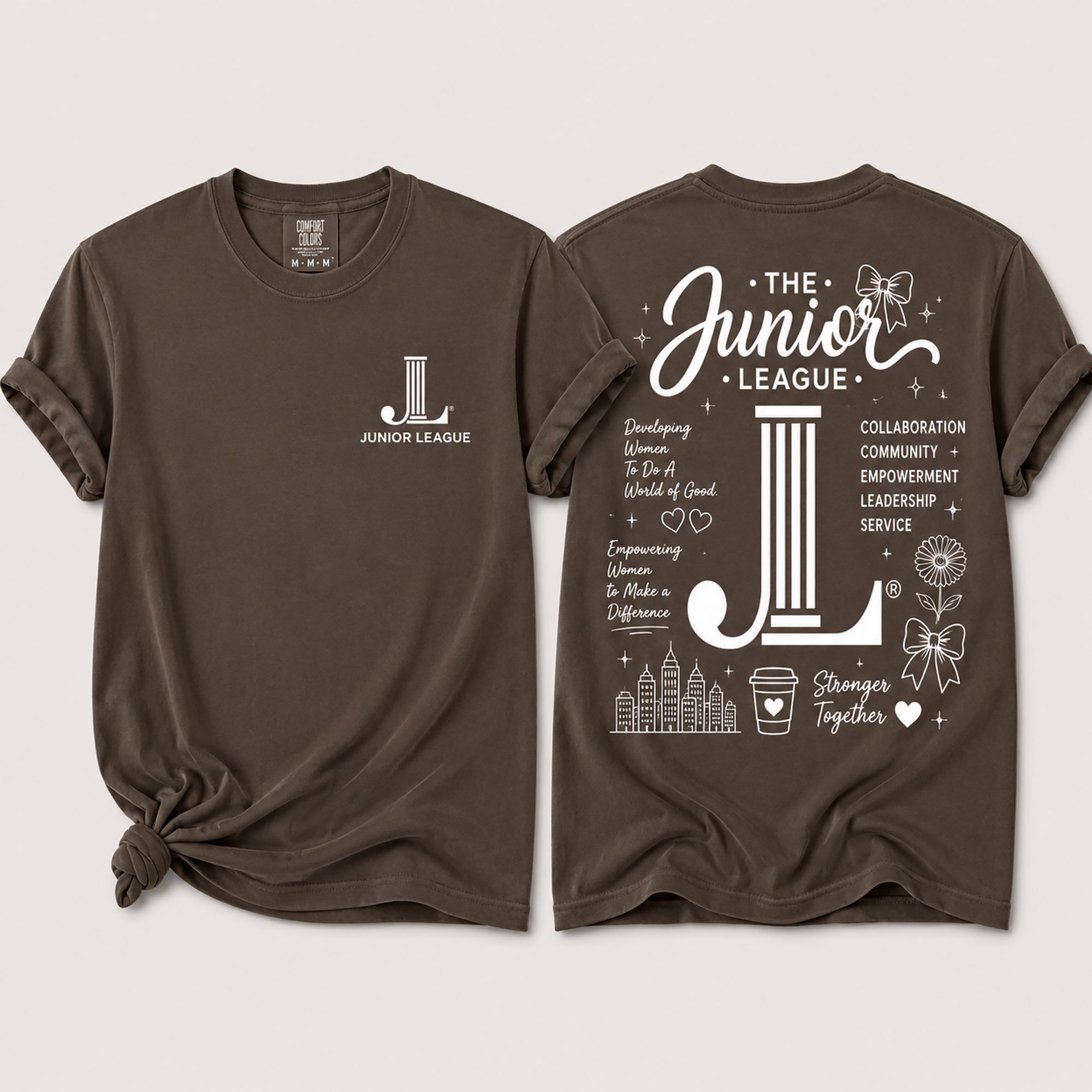 Junior League Women Who Build Comfort Colors 1717 t-shirt in Espresso featuring a white front chest logo and oversized empowerment graphic on the back