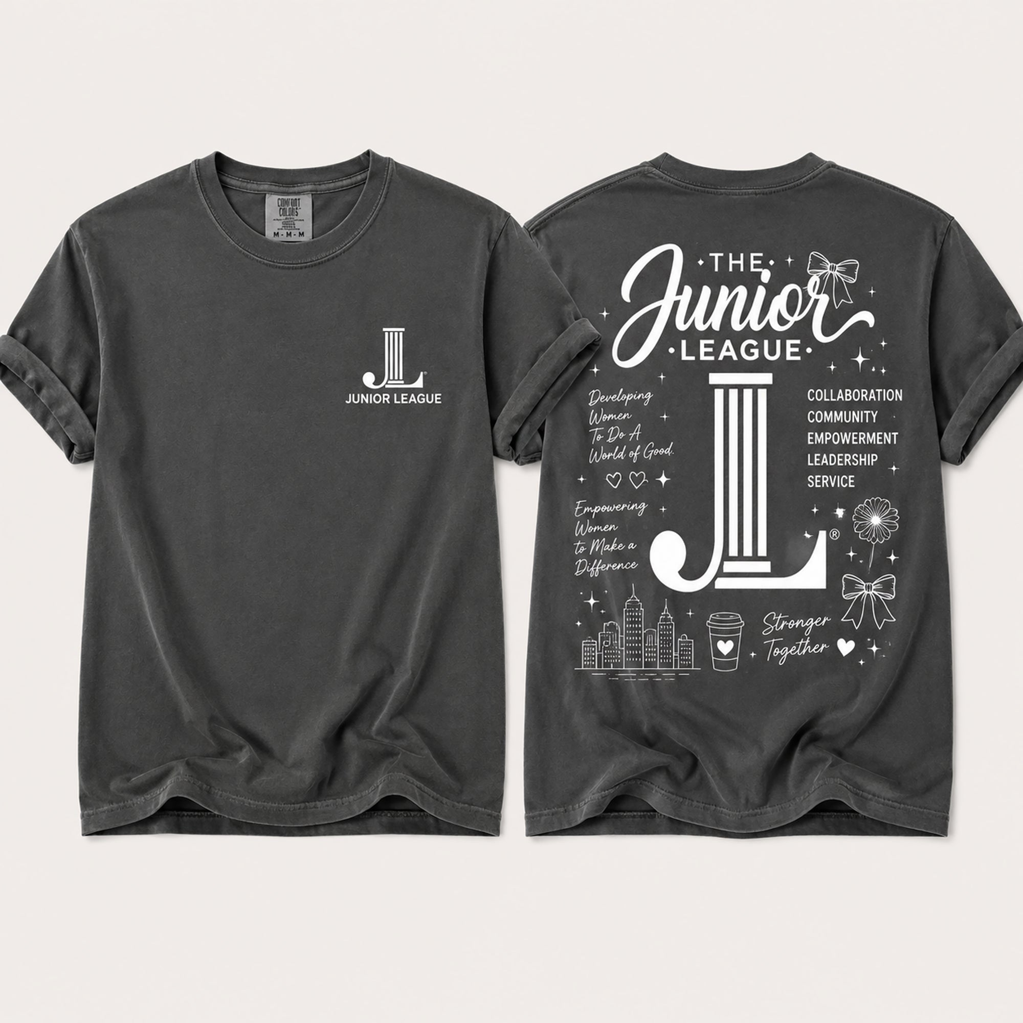Junior League Women Who Build Comfort Colors 1717 t-shirt in Graphite featuring a white front chest logo and oversized empowerment graphic on the back