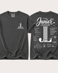 Junior League Women Who Build Comfort Colors 1717 t-shirt in Graphite featuring a white front chest logo and oversized empowerment graphic on the back