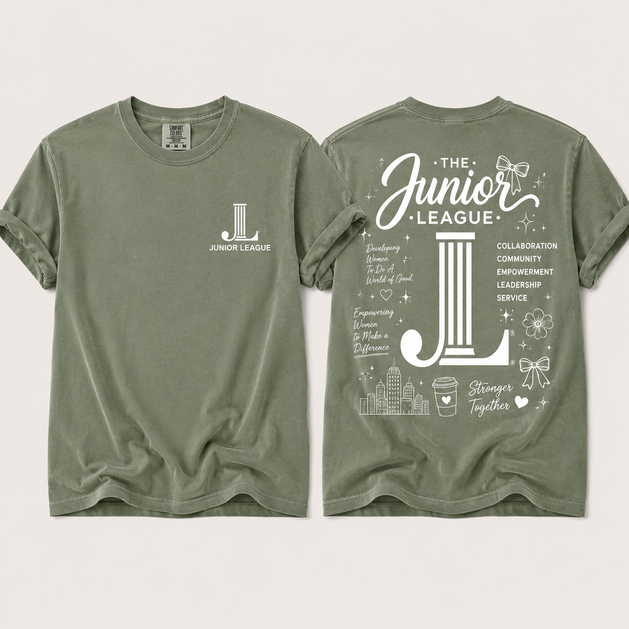 Junior League Women Who Build Comfort Colors 1717 t-shirt in Sage featuring a white front chest logo and oversized empowerment graphic on the back
