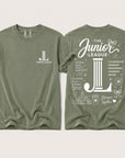 Junior League Women Who Build Comfort Colors 1717 t-shirt in Sage featuring a white front chest logo and oversized empowerment graphic on the back