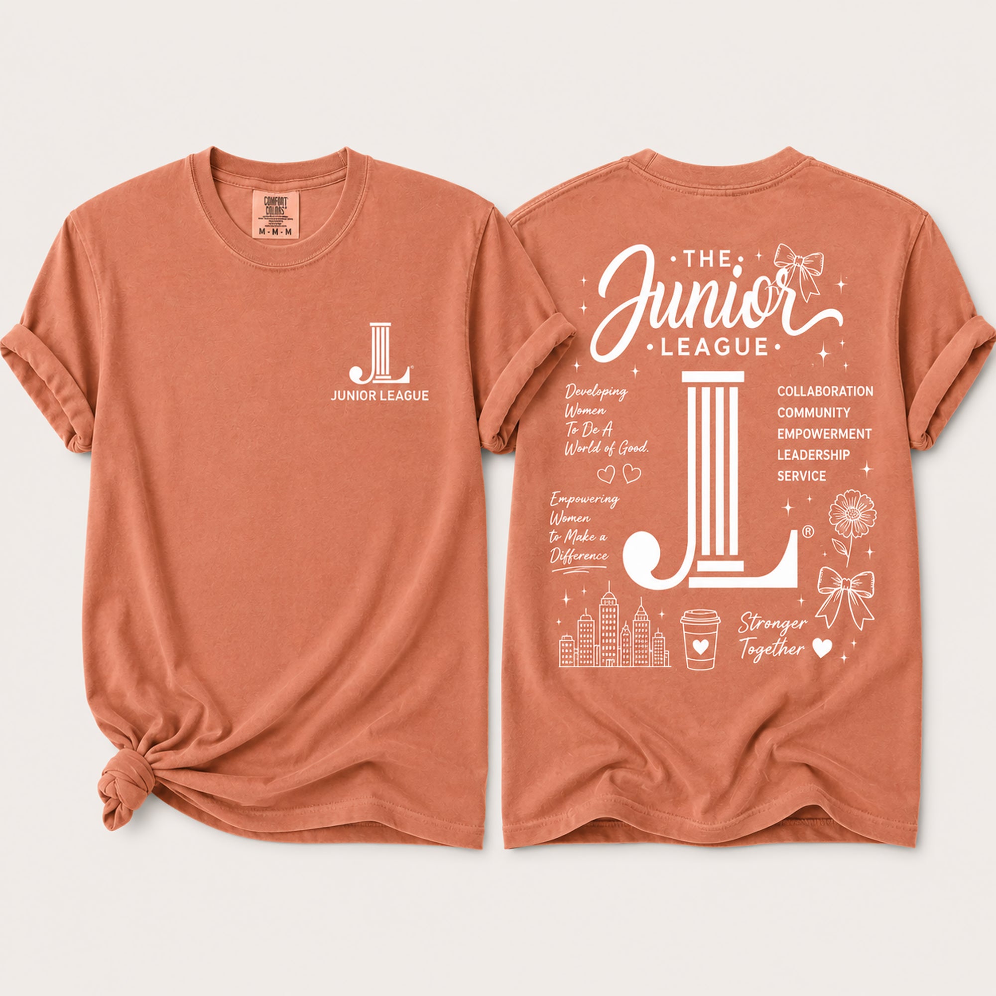 Junior League Women Who Build Comfort Colors 1717 t-shirt in terracotta featuring a white front chest logo and oversized empowerment graphic on the back