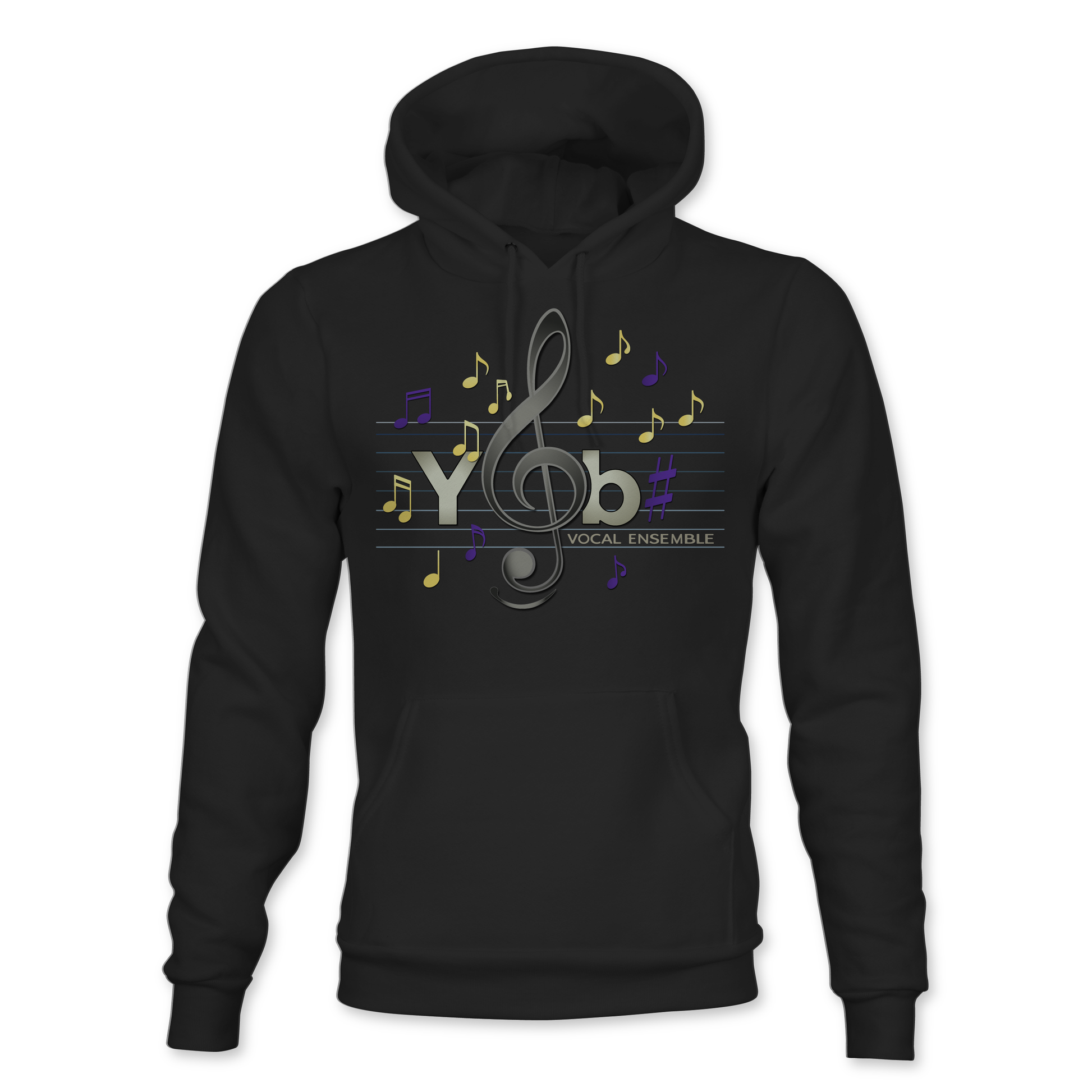 Black hoodie with musical note design on a white background