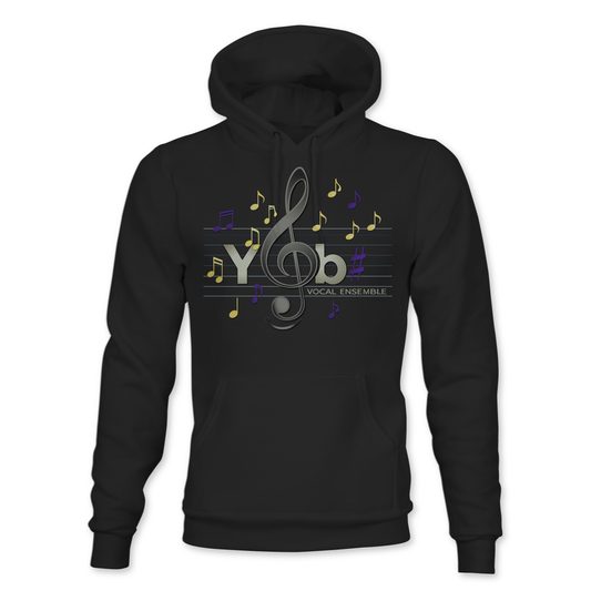 Black hoodie with musical note design on a white background