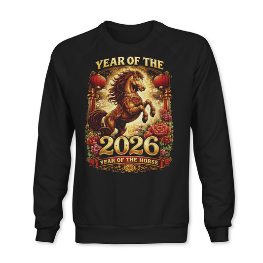 Black sweatshirt featuring a 2026 Year of the Horse Lunar New Year design with a rearing horse, red lanterns, gold accents, and floral details.