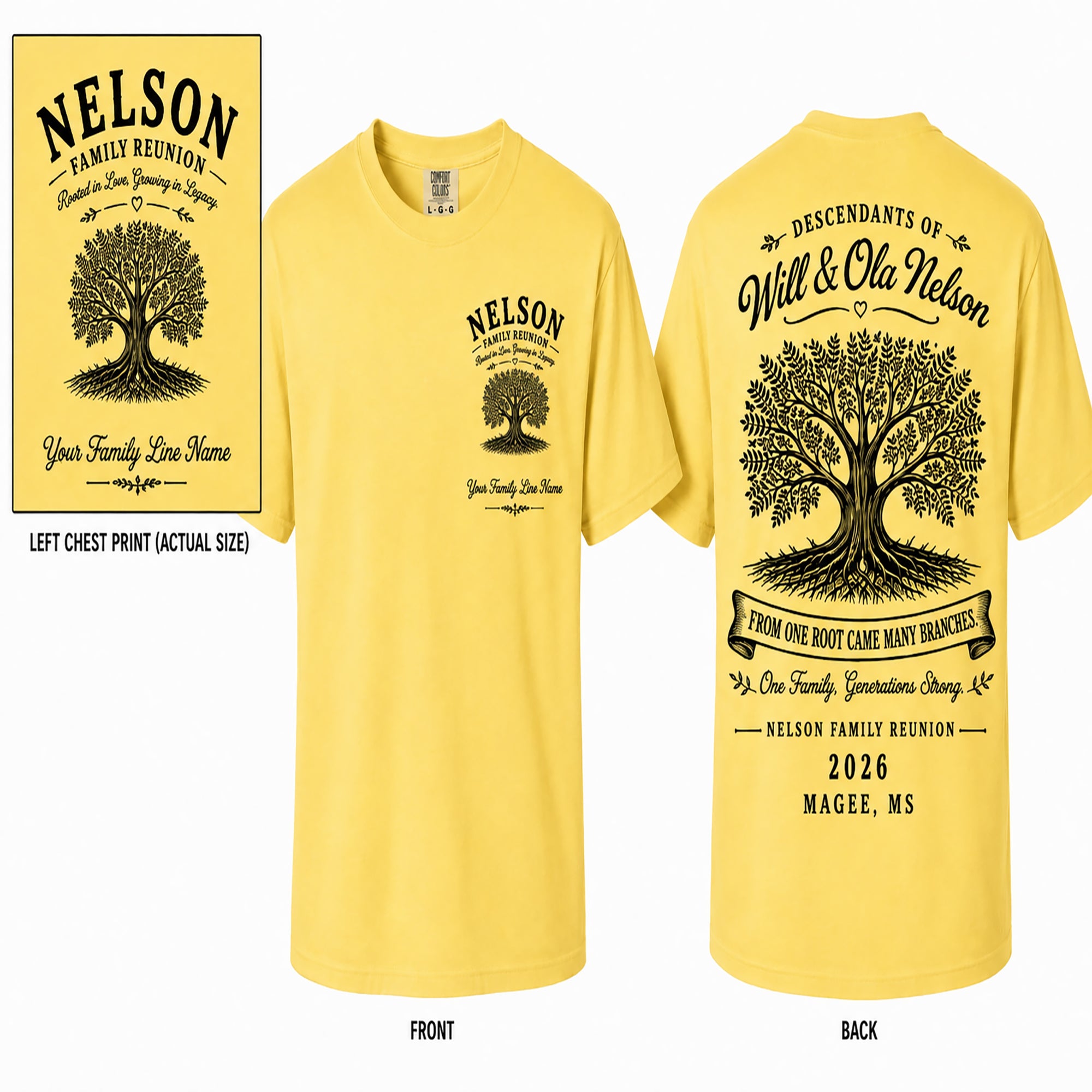 Yellow Nelson family reunion T-shirt: front tree logo, back large tree with reunion text
