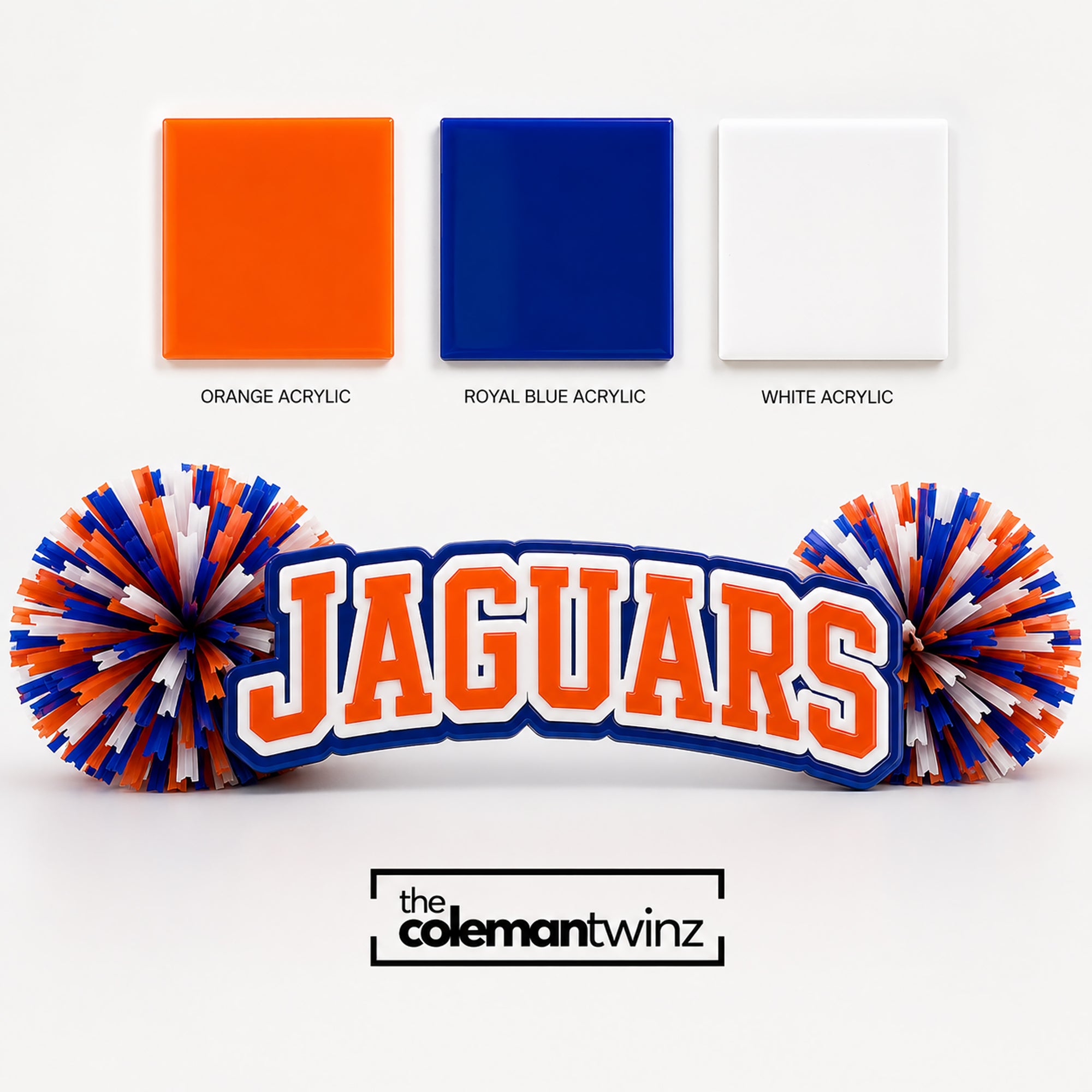 Acrylic color swatches displayed above a completed Jaguars personalized spirit stick demonstrating how three acrylic colors combine.