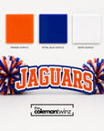 Acrylic color swatches displayed above a completed Jaguars personalized spirit stick demonstrating how three acrylic colors combine.