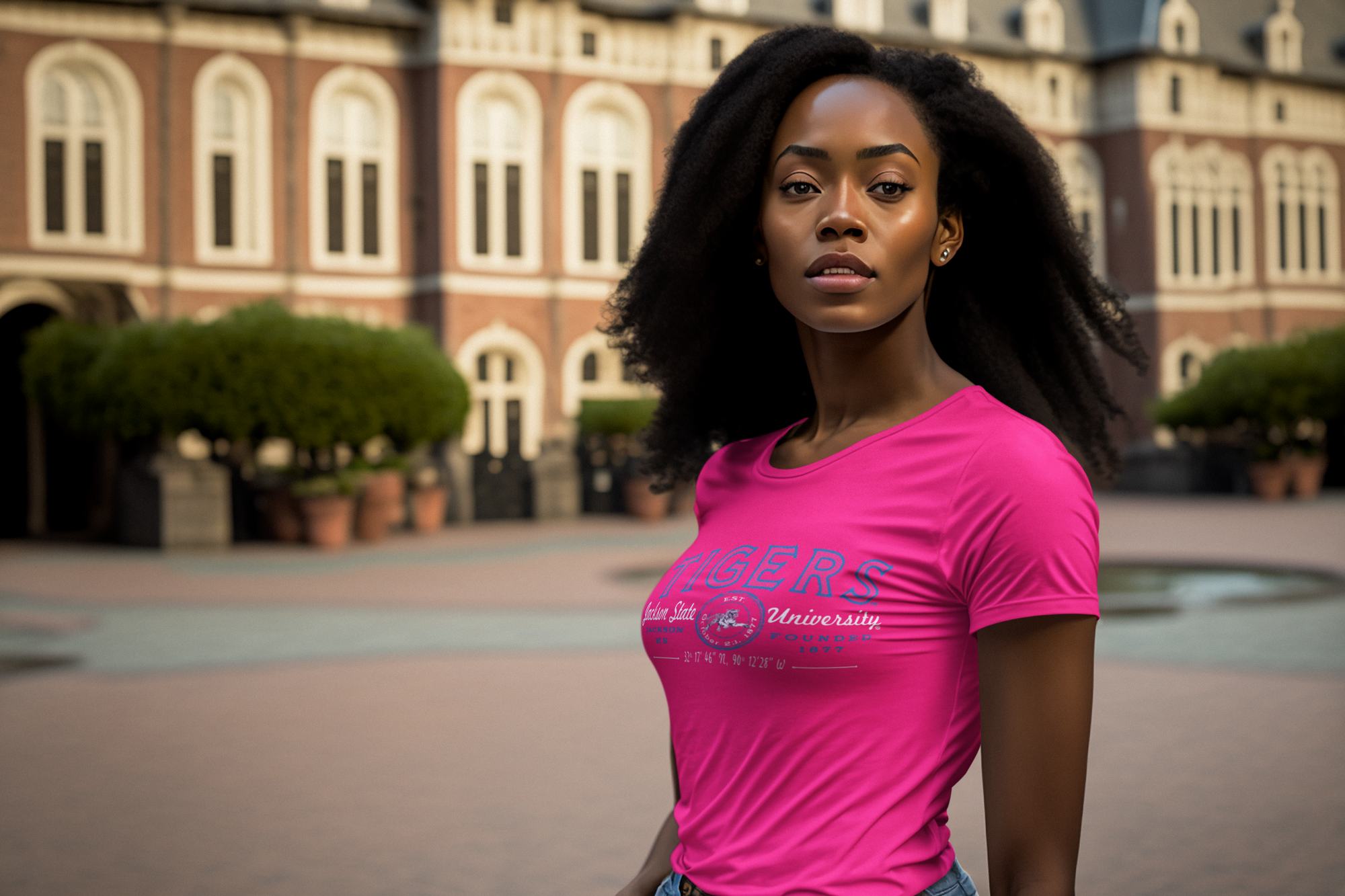 Pink crew-neck short-sleeve T-shirt with blue Tigers university graphic, model wearing it
