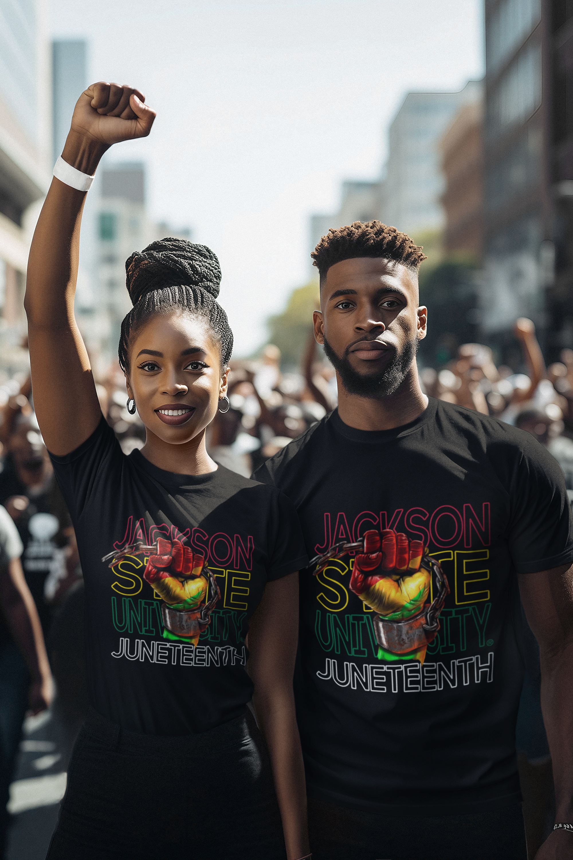 Black crewneck short-sleeve T-shirt with large colorful “Juneteenth” front graphic