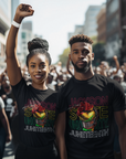 Black crewneck short-sleeve T-shirt with large colorful “Juneteenth” front graphic