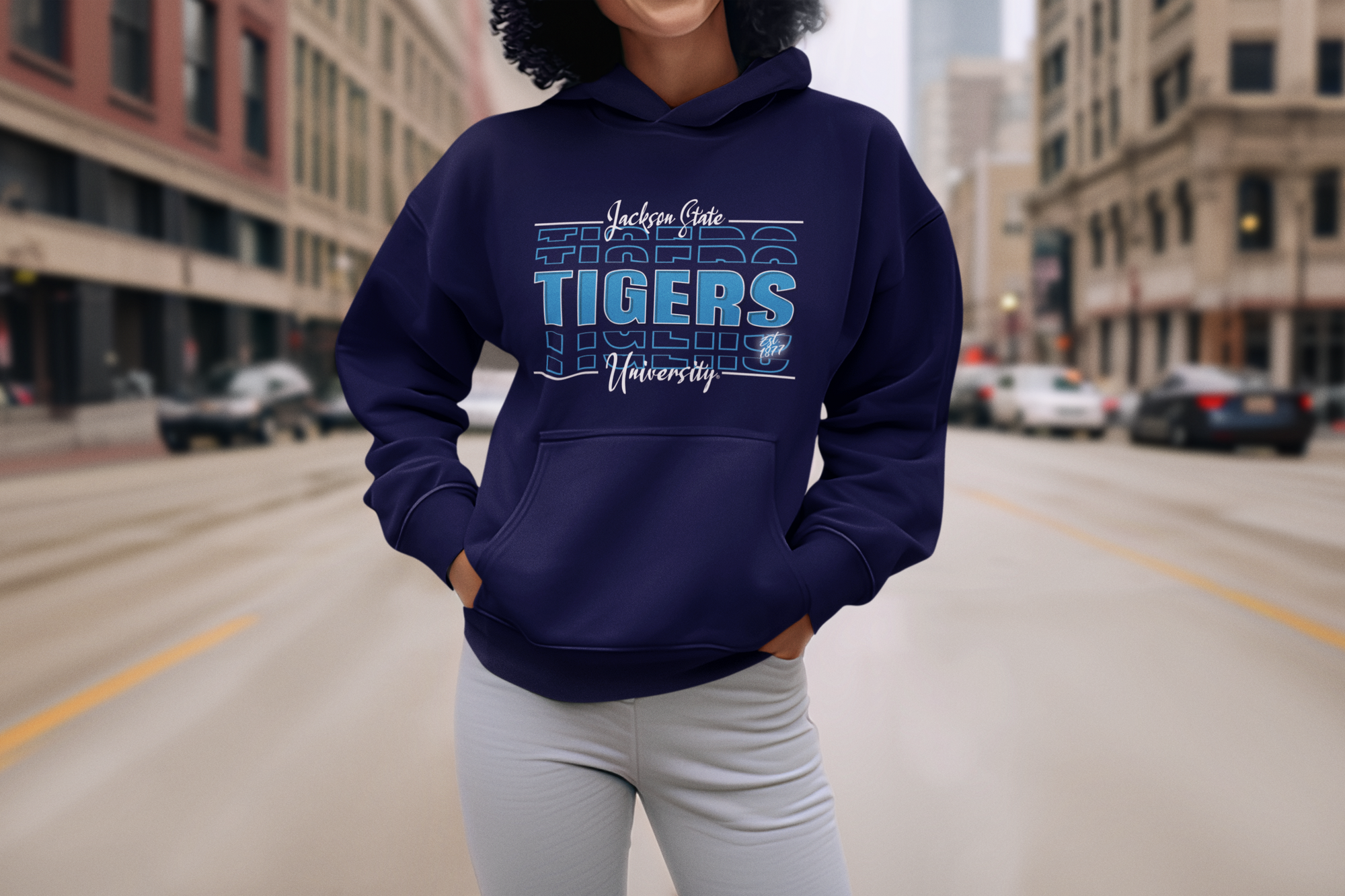 Navy pullover hoodie with front Tigers graphic and drawstring hood, kangaroo pocket