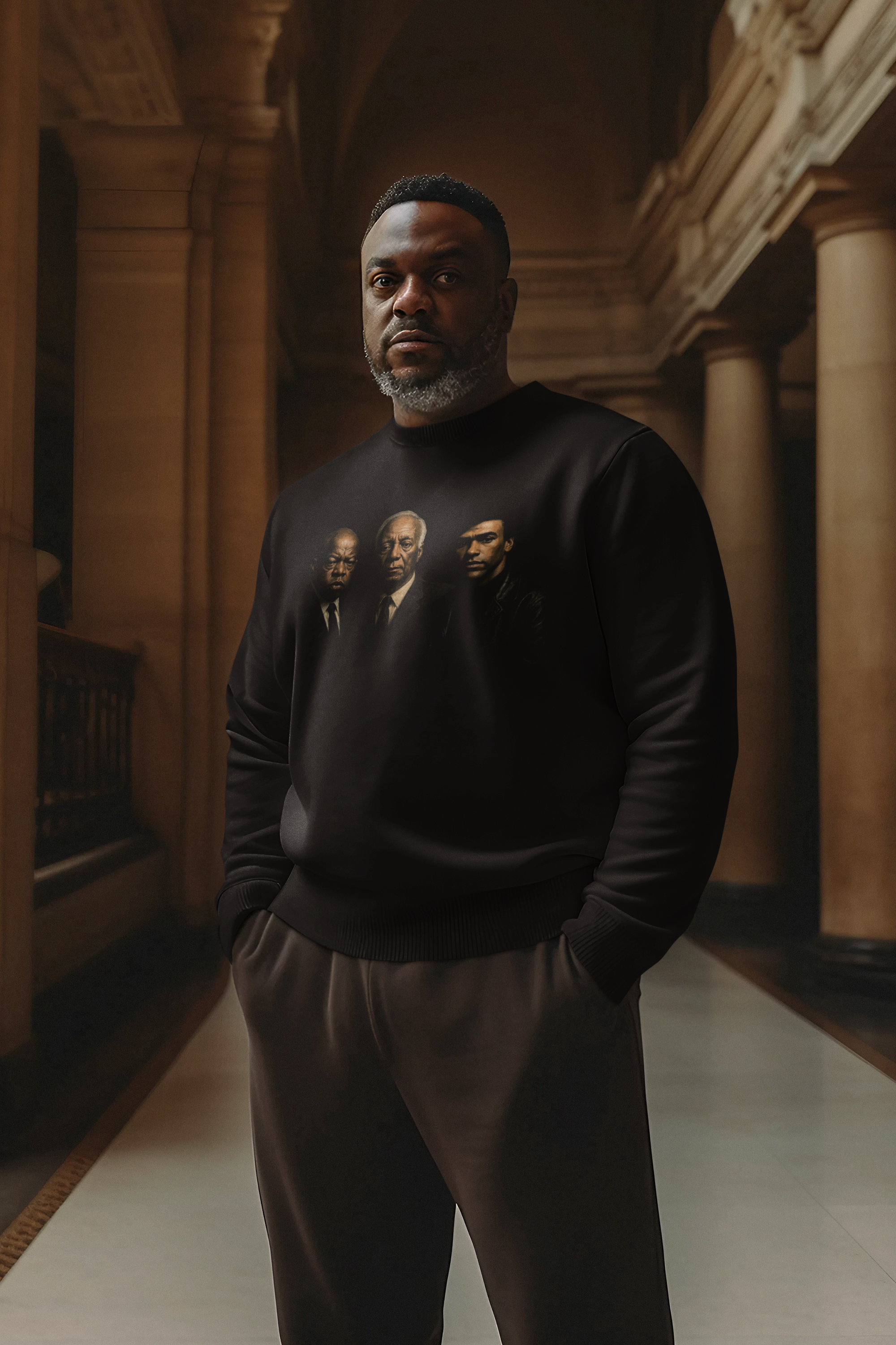 Black crewneck sweatshirt with three men portrait graphic on the chest