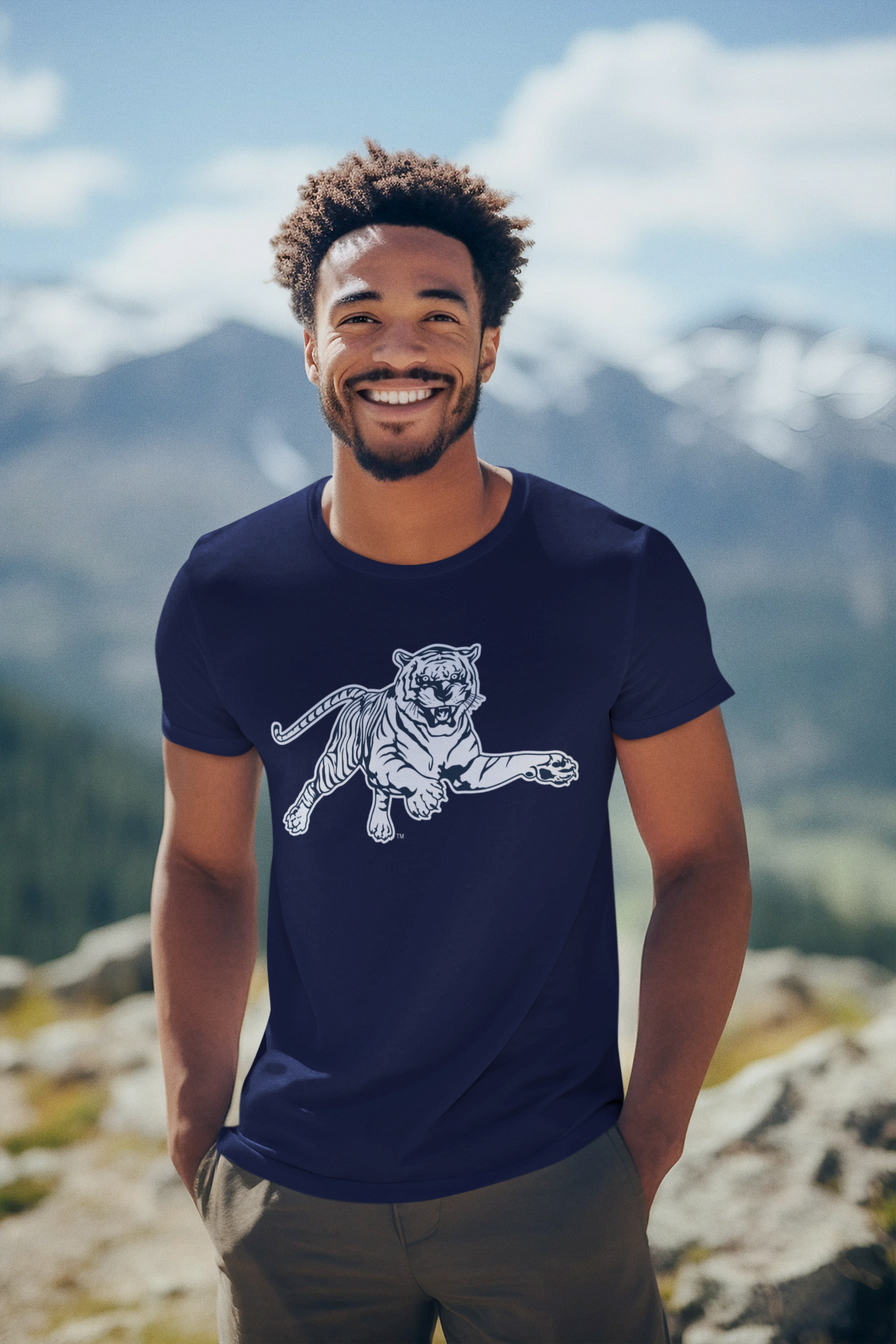 Navy short-sleeve T-shirt with leaping tiger graphic on the chest