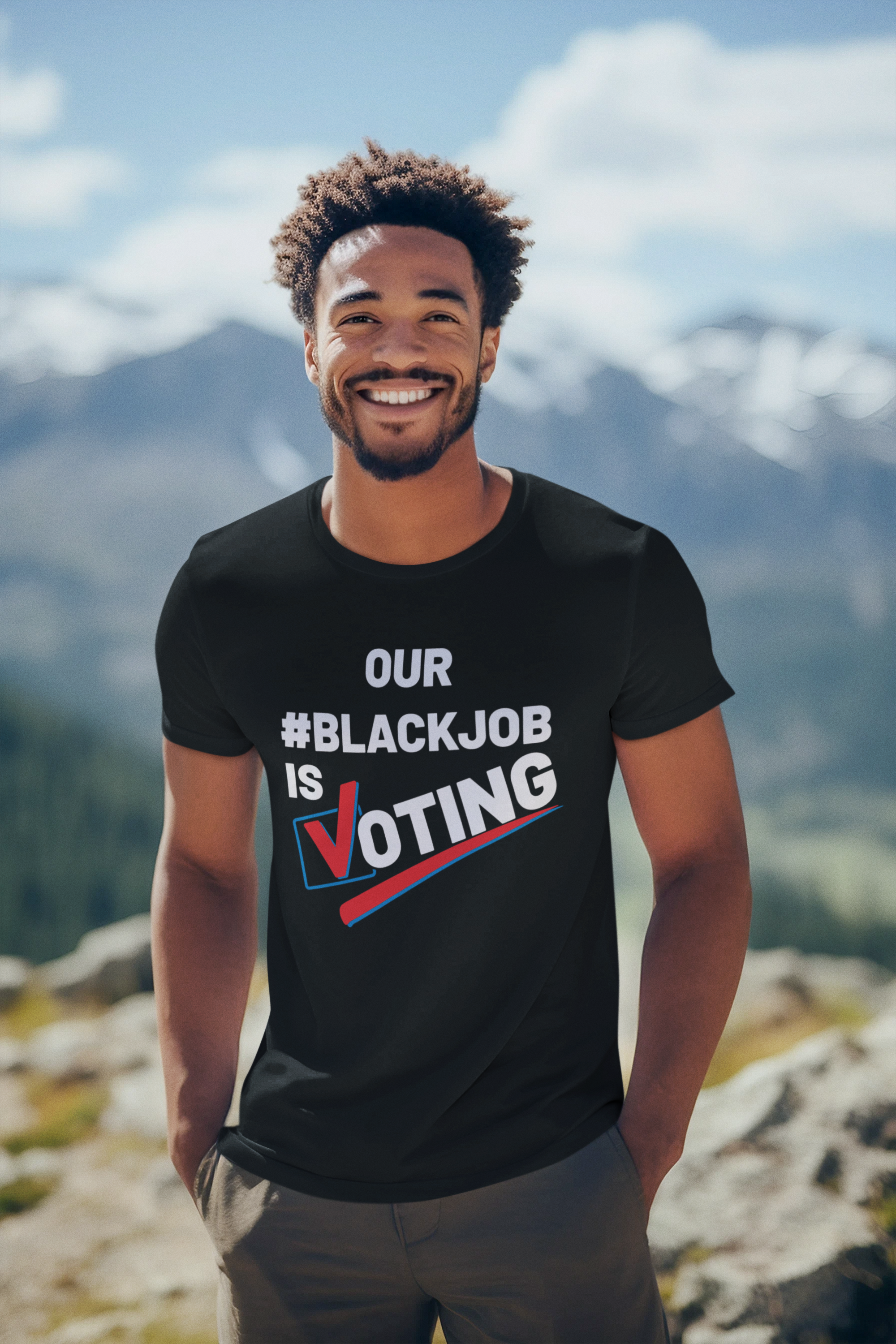 Black short sleeve crewneck T-shirt with 'OUR #BLACKJOB IS VOTING' logo