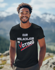 Black short sleeve crewneck T-shirt with 'OUR 