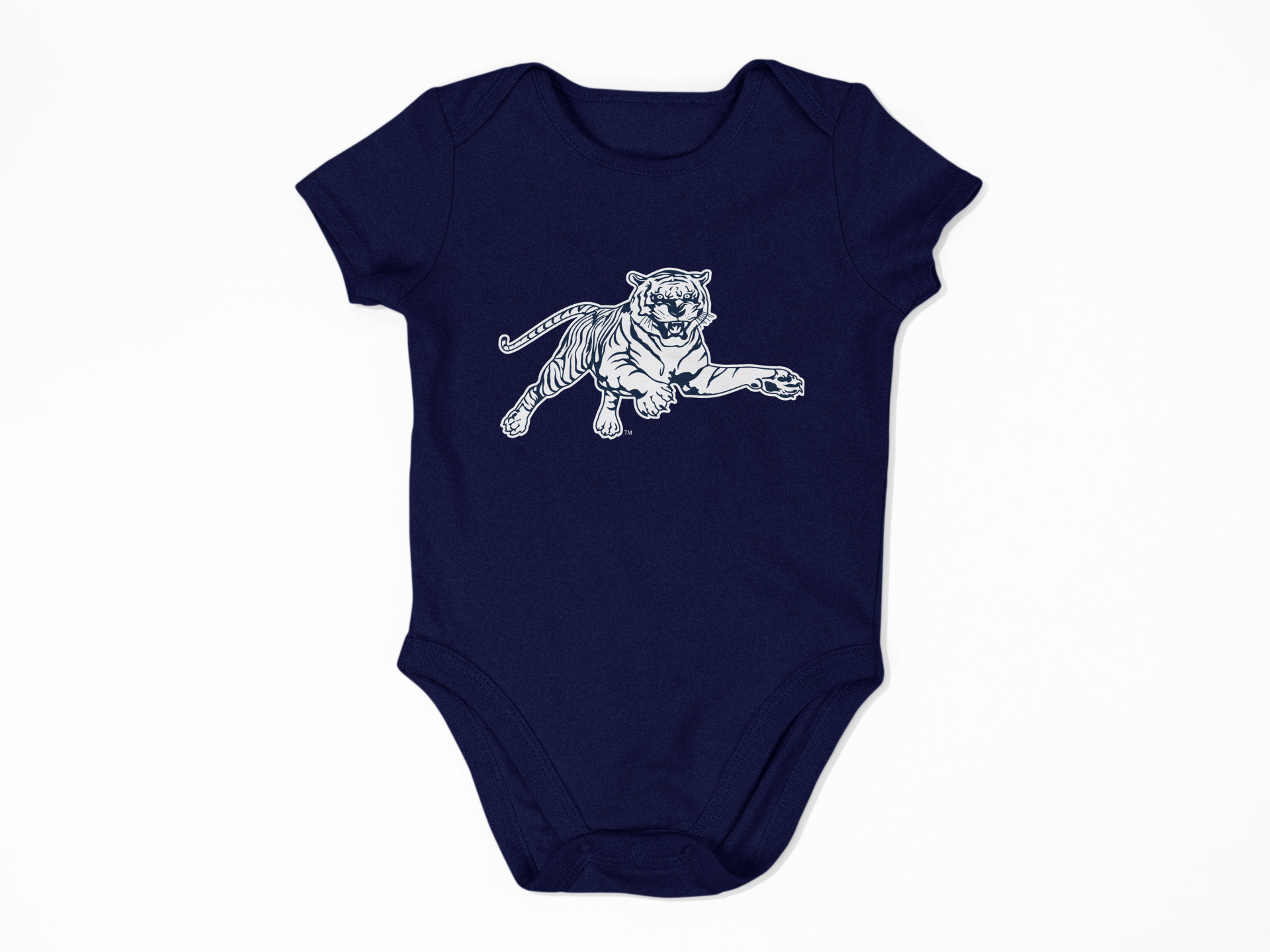 Dark navy short-sleeve baby bodysuit with leaping tiger chest graphic