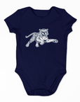 Dark navy short-sleeve baby bodysuit with leaping tiger chest graphic