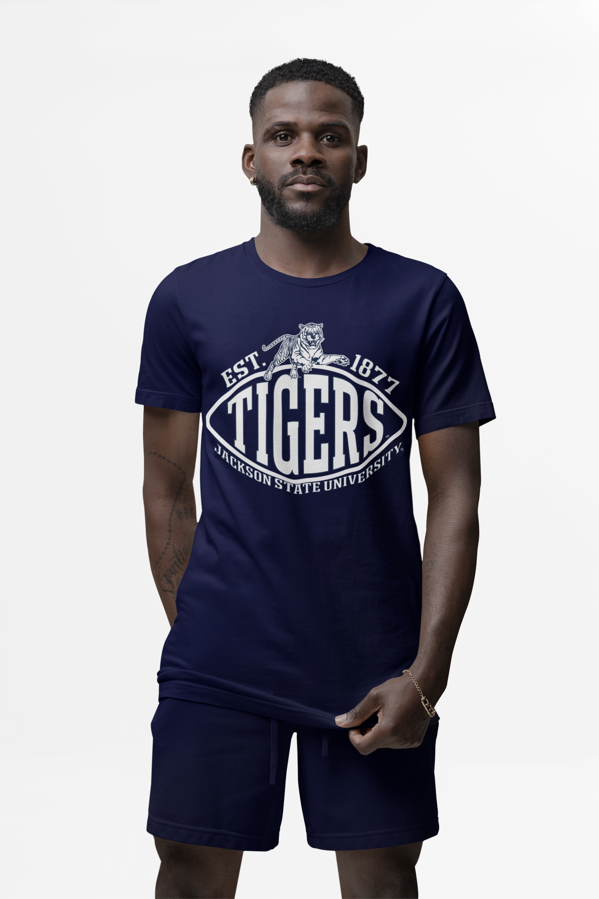 Navy crew-neck football T-shirt with Tigers logo and Est. 1877 graphic
