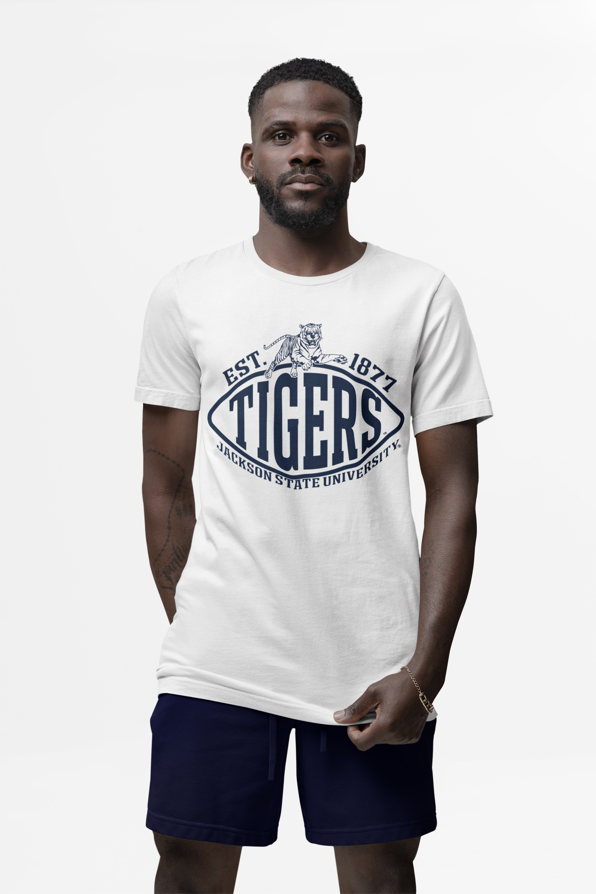 White crew neck short-sleeve T-shirt with TIGERS and EST. 1877 graphic.