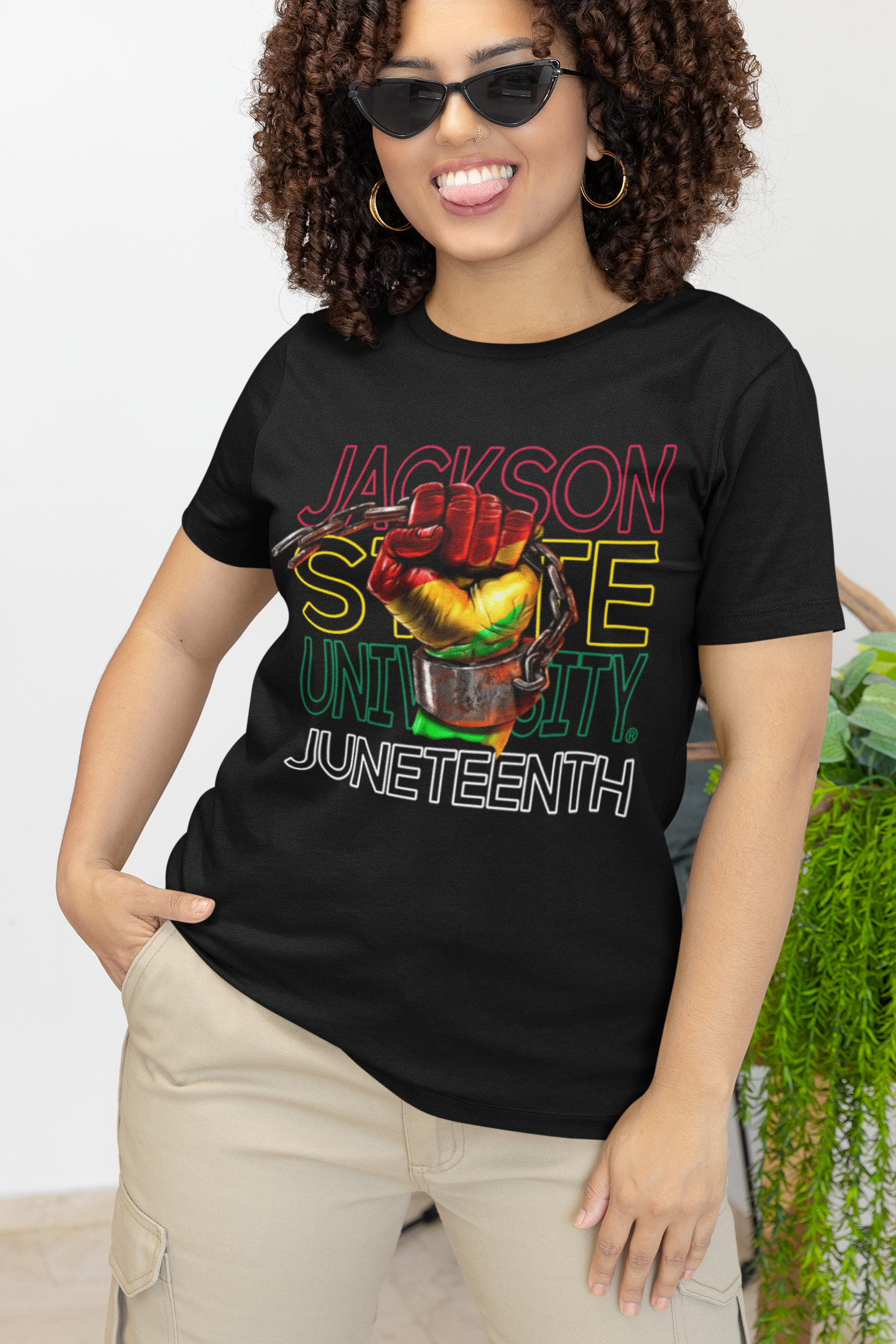 Black unisex crewneck short-sleeve T-shirt with colorful “Juneteenth” front print