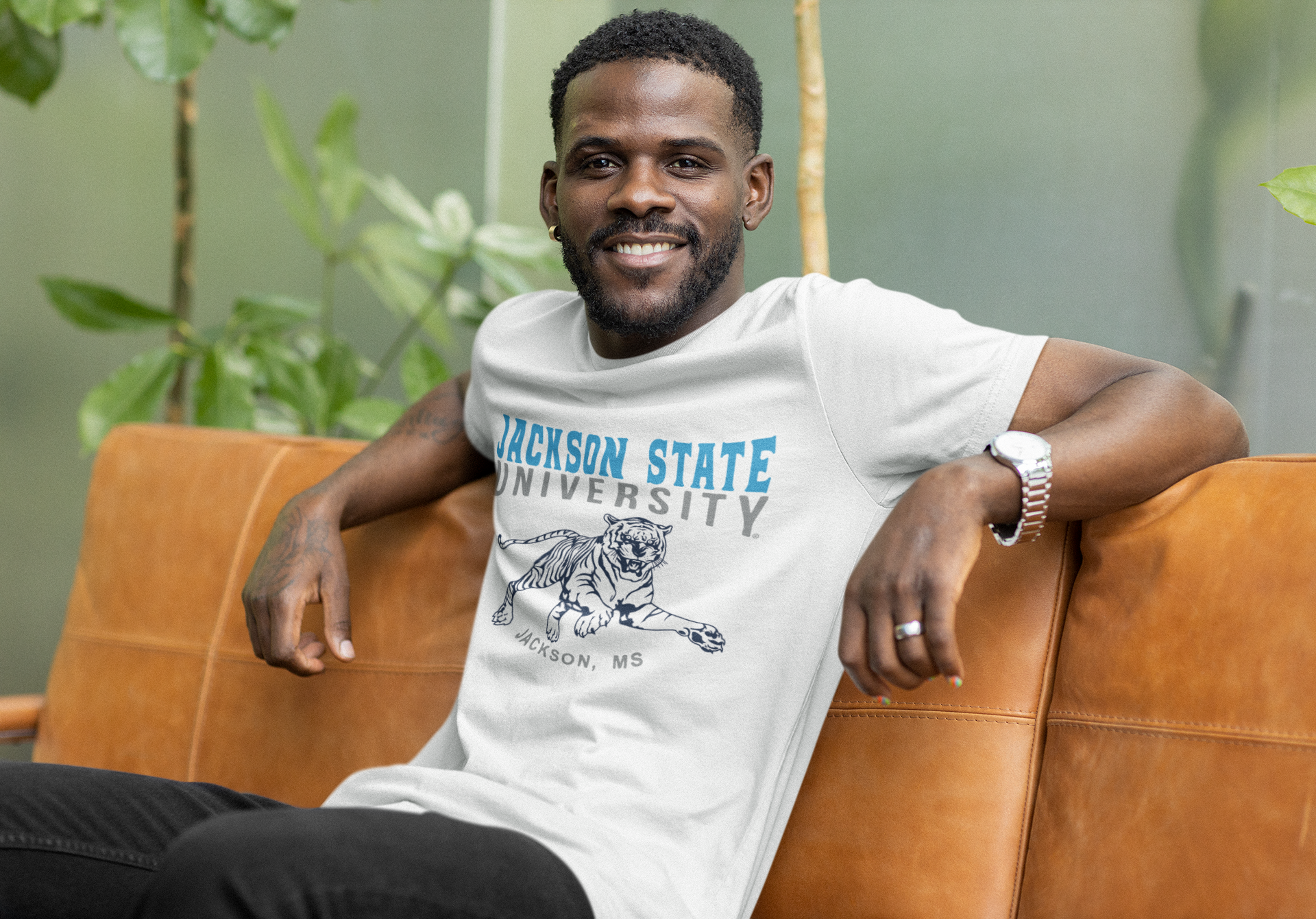 White crew-neck short-sleeve T-shirt with Jackson State University front graphic