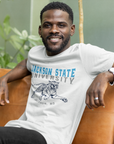 White crew-neck short-sleeve T-shirt with Jackson State University front graphic