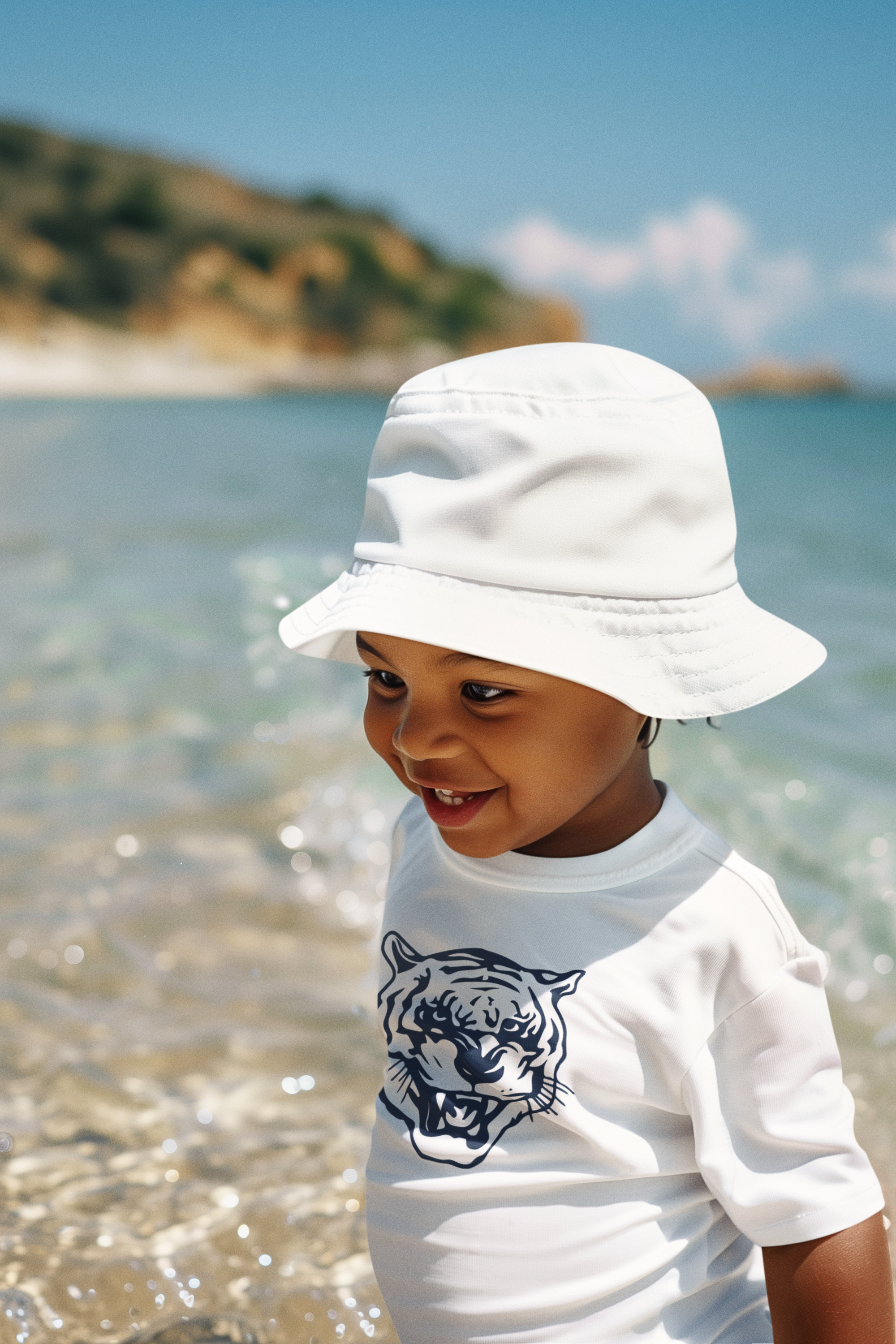 White infant t-shirt one-piece with blue tiger head front graphic