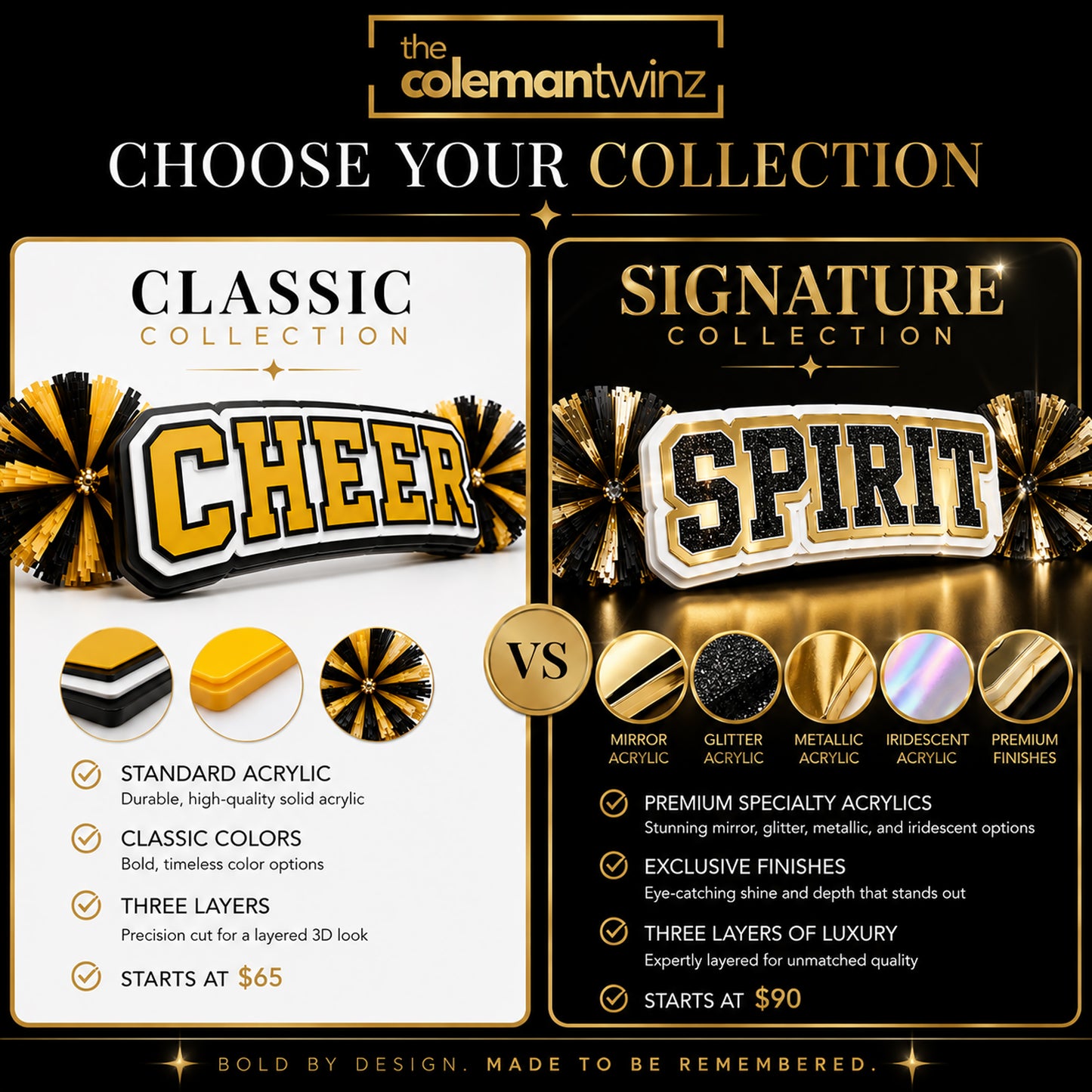 Comparison chart showing differences between the Classic Collection and Signature Collection personalized acrylic spirit sticks with specialty acrylic finishes.