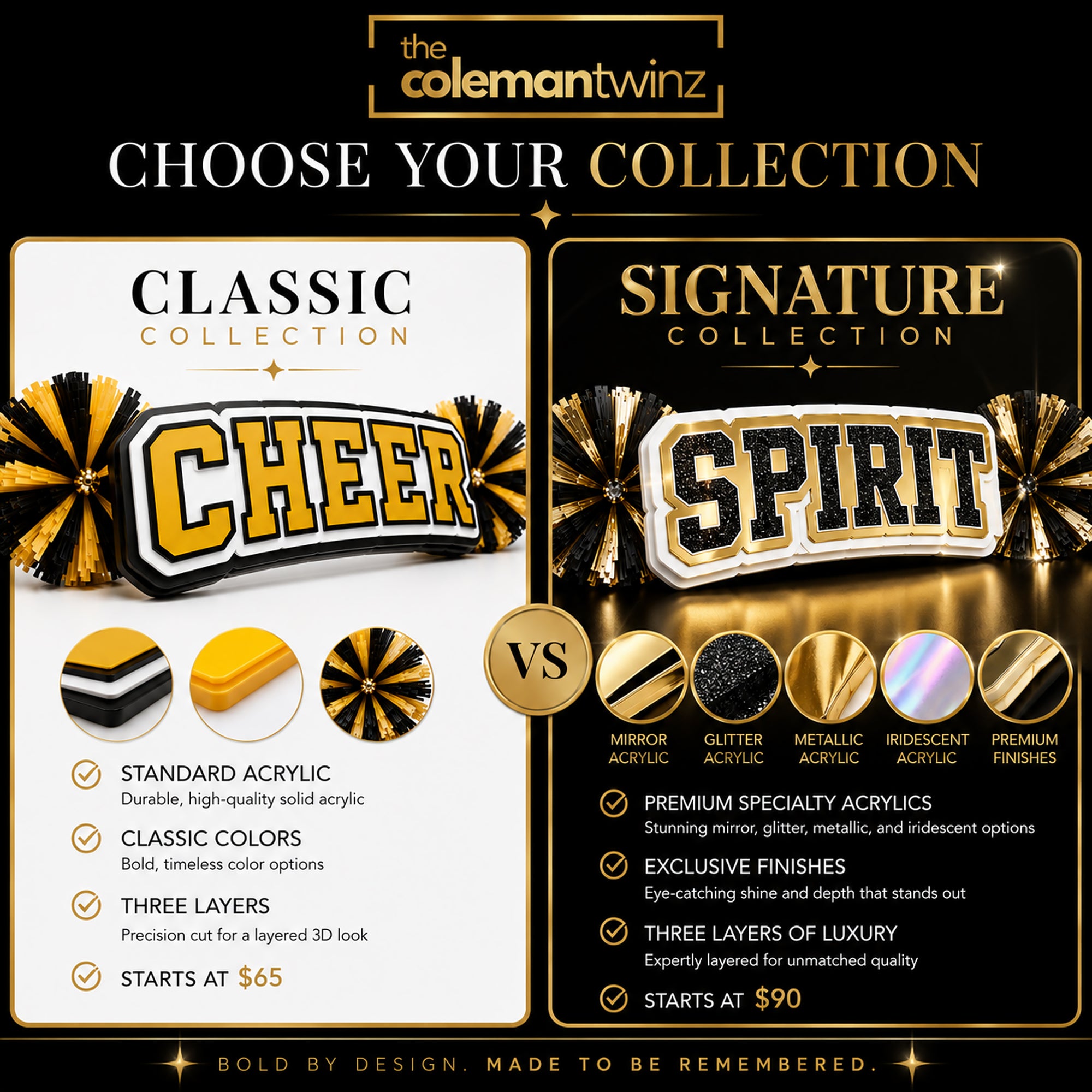 Comparison chart showing differences between the Classic Collection and Signature Collection personalized acrylic spirit sticks with specialty acrylic finishes.