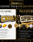 Comparison chart showing differences between the Classic Collection and Signature Collection personalized acrylic spirit sticks with specialty acrylic finishes.