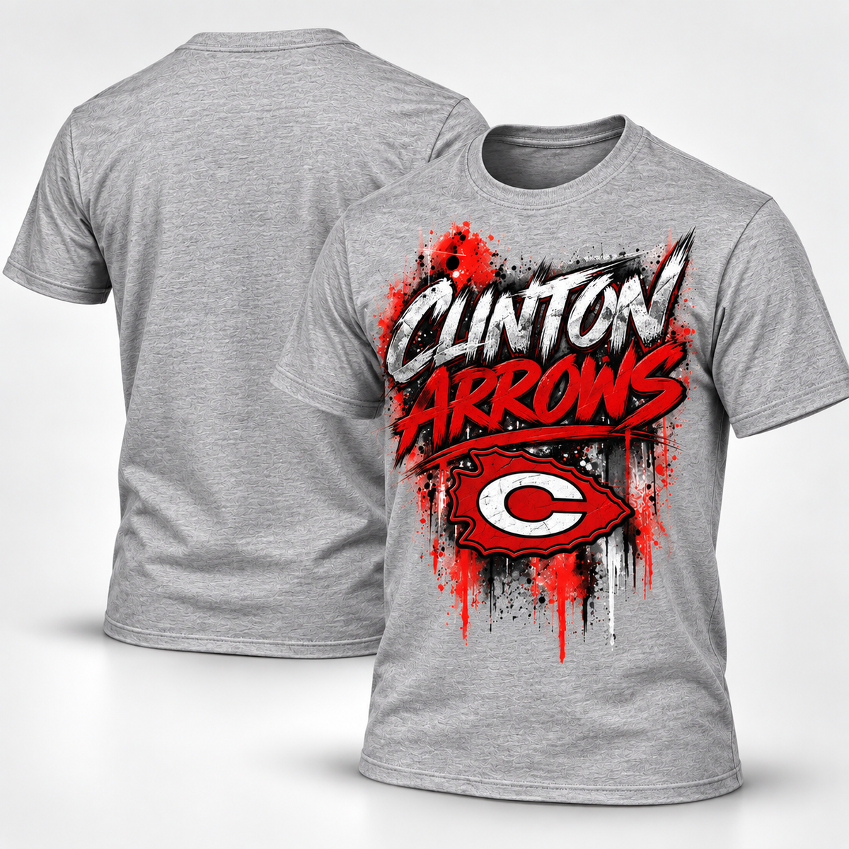 Clinton Arrows graffiti T-shirt in Athletic Heather Gray, front and blank back view