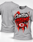 Clinton Arrows graffiti T-shirt in Athletic Heather Gray, front and blank back view