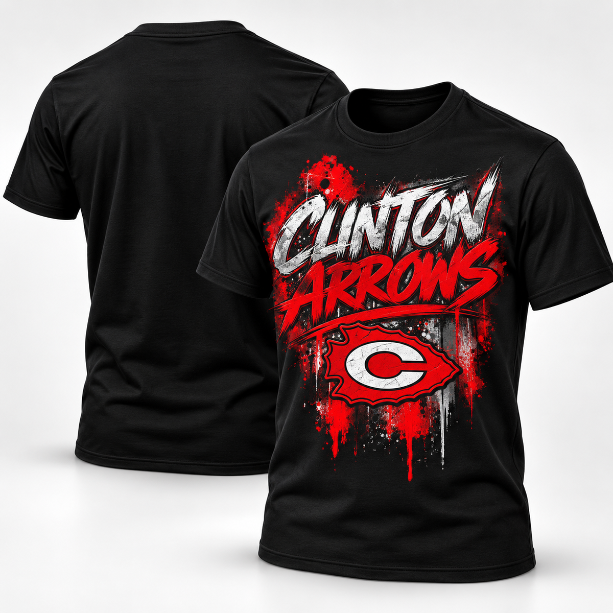 Clinton Arrows graffiti T-shirt in black, front and blank back view