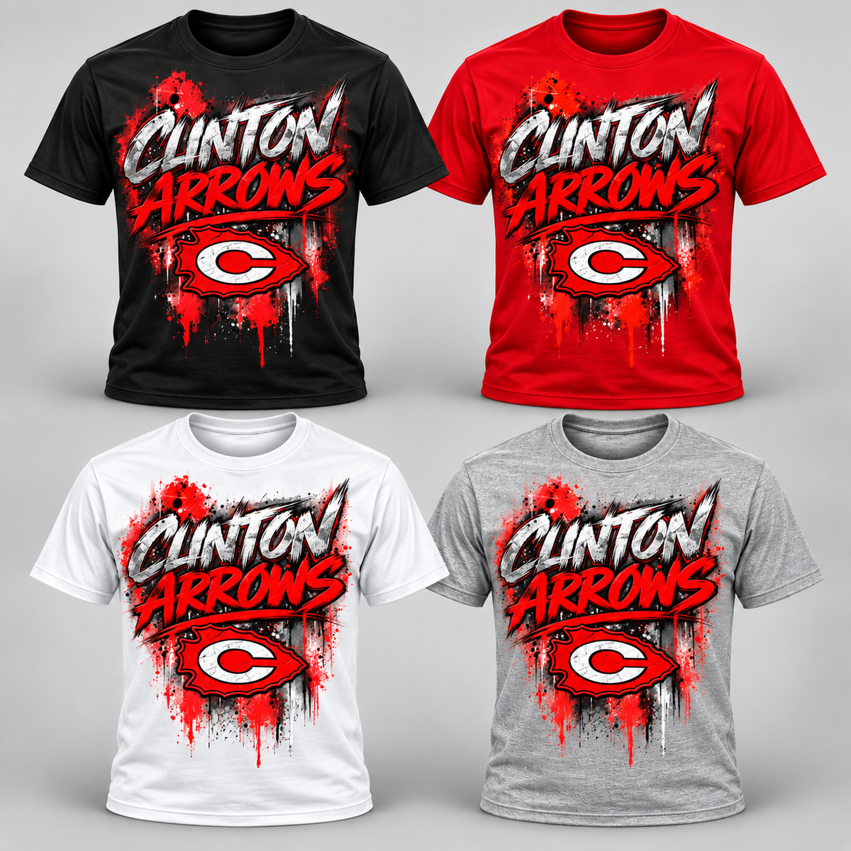 Clinton Arrows graffiti T-shirt color options in black, scarlet red, white, and Athletic Heather Gray
