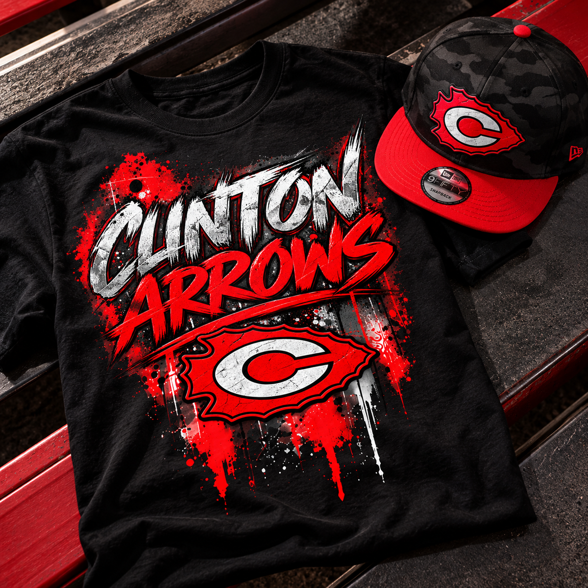 Black Clinton Arrows graffiti T-shirt styled with matching black camo and scarlet snapback cap
