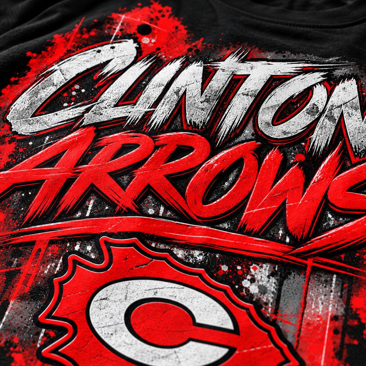 Close-up detail of Clinton Arrows distressed red white and black DTF shirt design