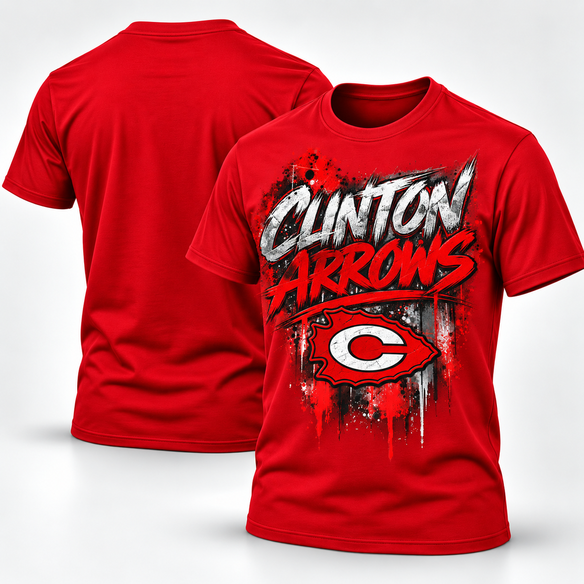 Clinton Arrows graffiti T-shirt in scarlet red, front and blank back view